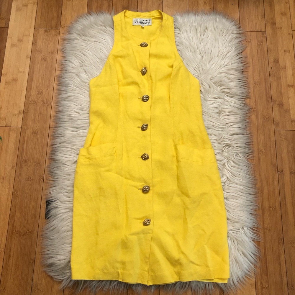 Geary Roark Kamisato Linen Blend Racerback Yellow Sleeveless Button Down Dress 8 - Picture 1 of 13